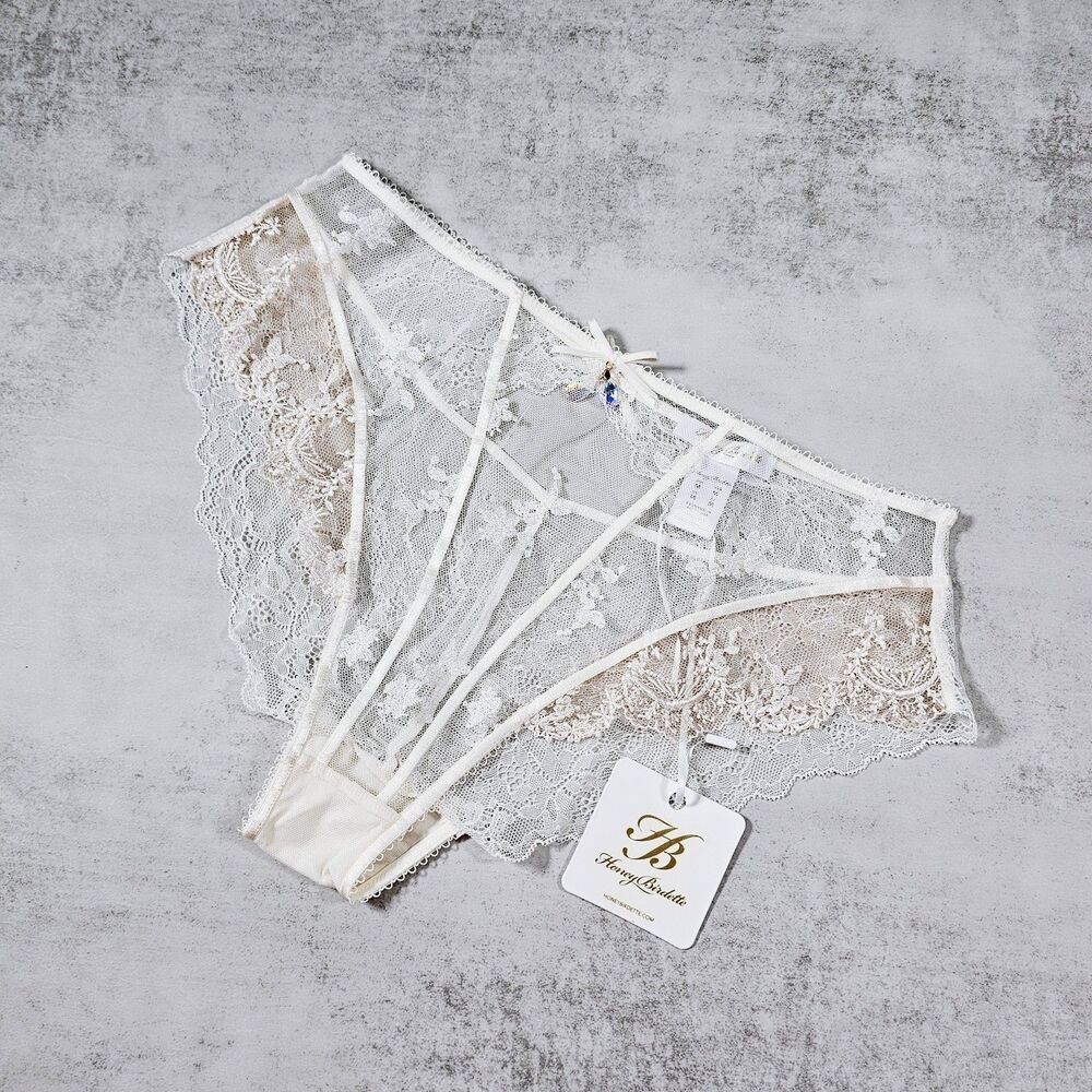 Honey Birdette Daisy Ivory Brief Floral Embroidered Panty Size M Bridal Lingerie